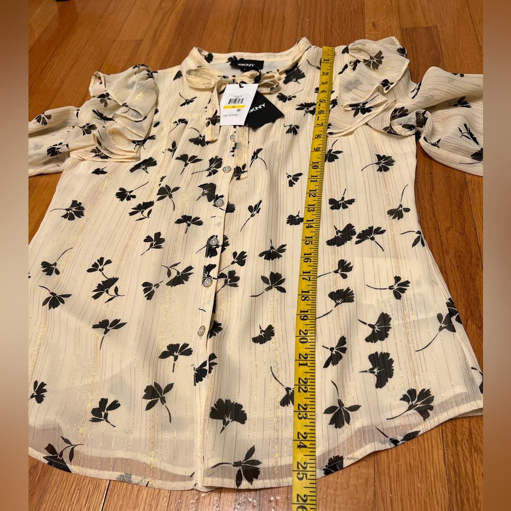 DKNY Ivory Blouse with Black Leaf Print and Gold Thread M - Picture 12 of 13